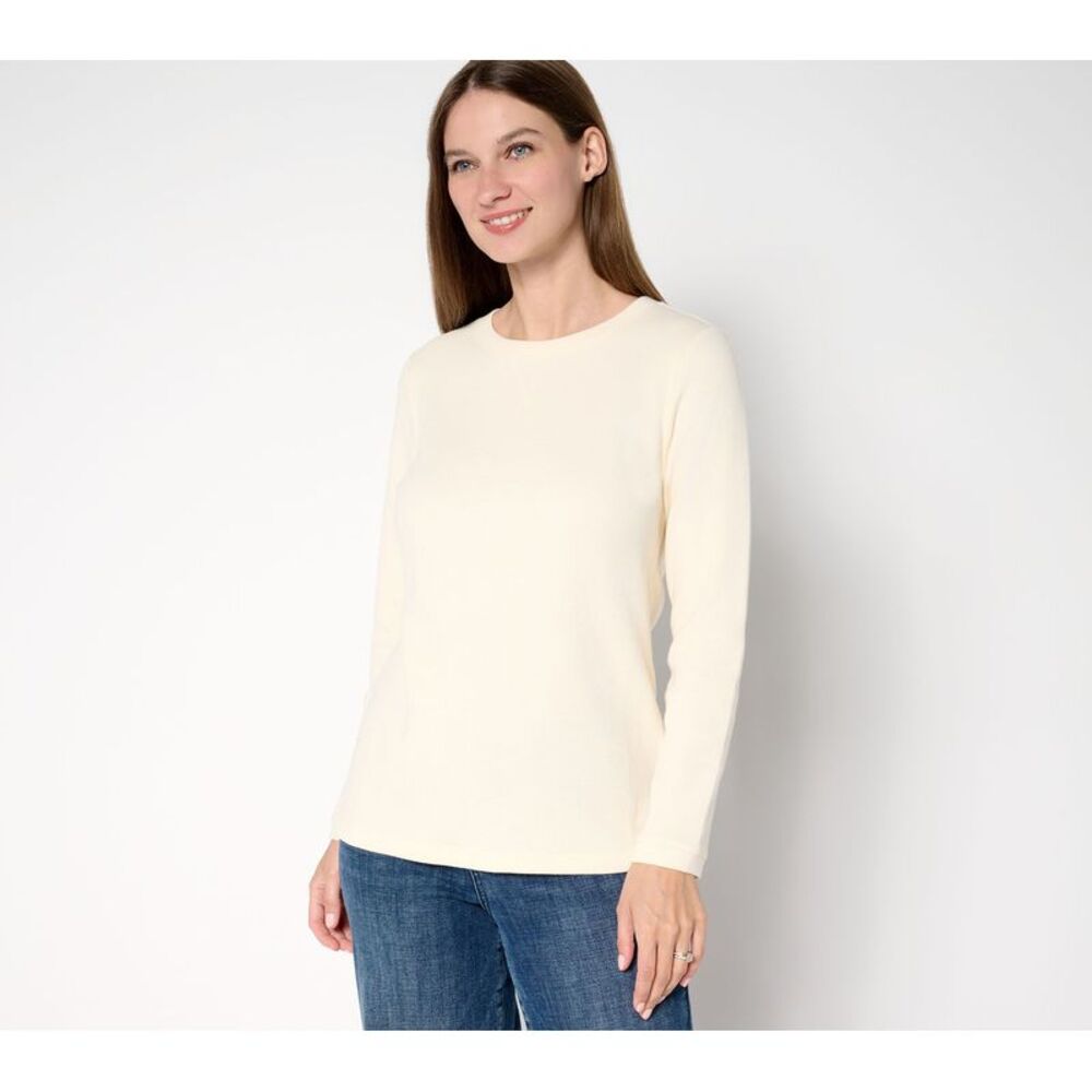 Denim & Co. Women's Top Sz M Essentials Waffle Knit Long-Sleeve White